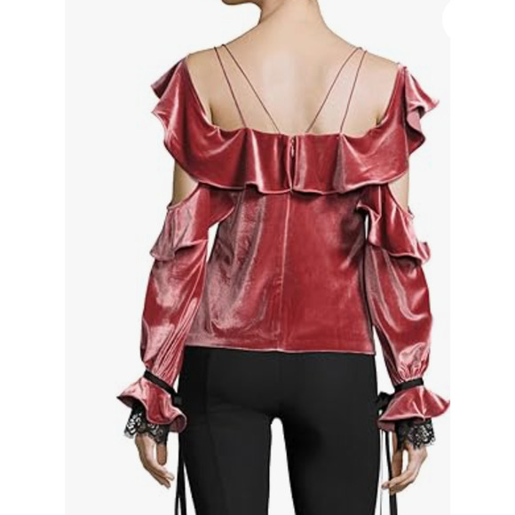 Self-Portrait Pink Velvet Blouse with black lace and bows around cuffs. - Picture 4 of 13